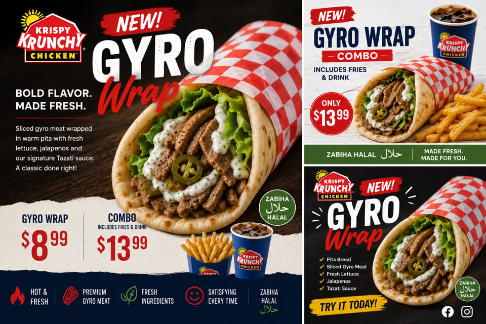 Krispy Krunchy Chicken's new Gyro Wrap, a combo with fries and a drink, and a single wrap.