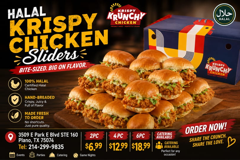 A pile of Krispy Krunchy Chicken sliders with lettuce and sauce, next to a branded box.