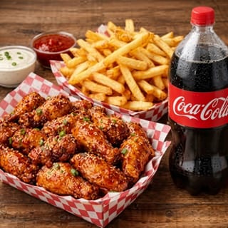 10 PC Halal Chicken Wings, regular fries and soda.