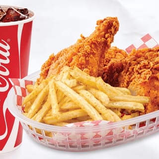 2PC Halal Cajun Fried Chicken with regular fries, biscuit, and soda.